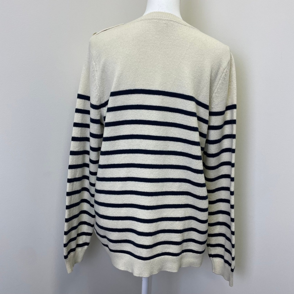 J. Jill Womens Small Tall Striped Button Shoulder Crewneck Sweater Cream Navy - Picture 4 of 15